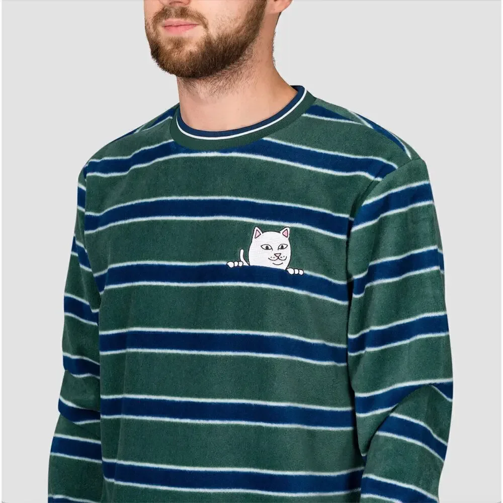 RipnDip Green Striped Long Sleeve Polar Fleece Crewneck Nermal Cat sz S Skater